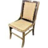 19th Century chair, the back and seat covered in a salmon pink upholstery with brass nail head trim.