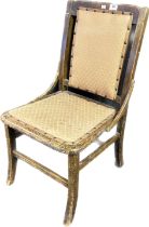 19th Century chair, the back and seat covered in a salmon pink upholstery with brass nail head trim.