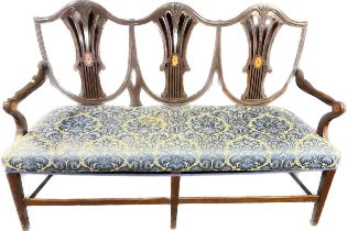 Edwardian three seat parlour settee, the shield back with pierced splats with central marquetery