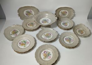 French Victorian porcelain flower pattern dinner ware includes centre piece tazza