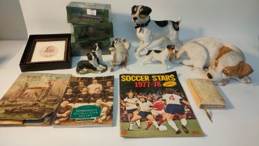 Jack Russell dog figures, army tanks, football book & album