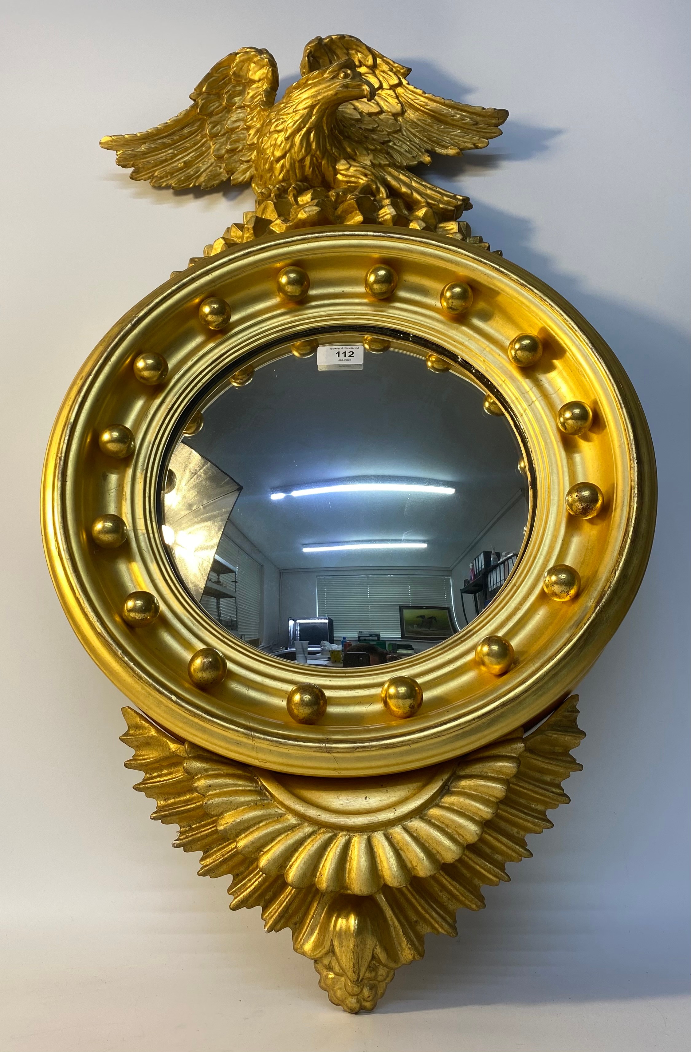 Regency style Carved Giltwood Convex Mirror set with eagle design top [80cm]