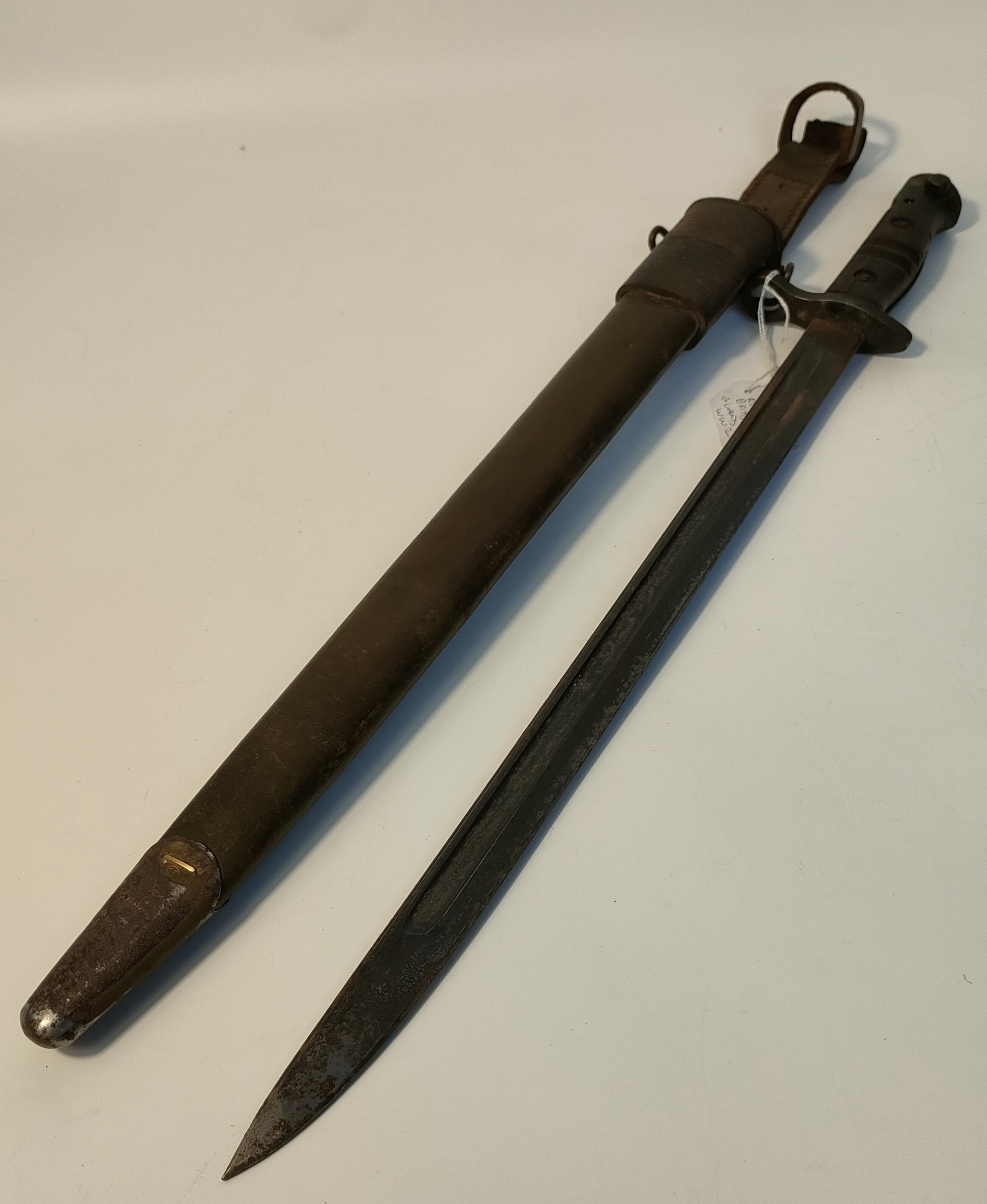 World war two home guard bayonet with fitted leather frog & American belt attachment