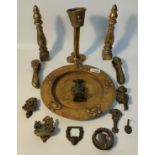 Collection of brass ware; vintage brass door knockers, art nouveau plate & pair of brass moon