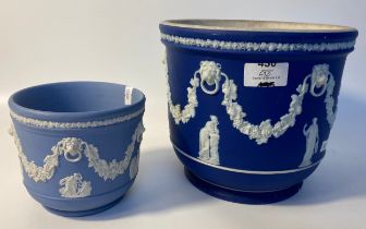 Wedgewood dark blue jasper ware planter together with Wedgewood jasper ware pot