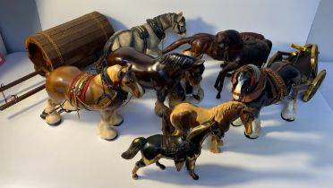 A collection of shire horses & carriages together with a selection of vintage horse figures