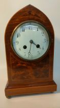 Edwardian inlaid mantle clock with enamelled face & pendulum [28cm]