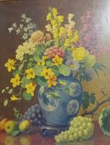 Antique still life of flowers within a blue and white vase, unsigned. [90x75cm]
