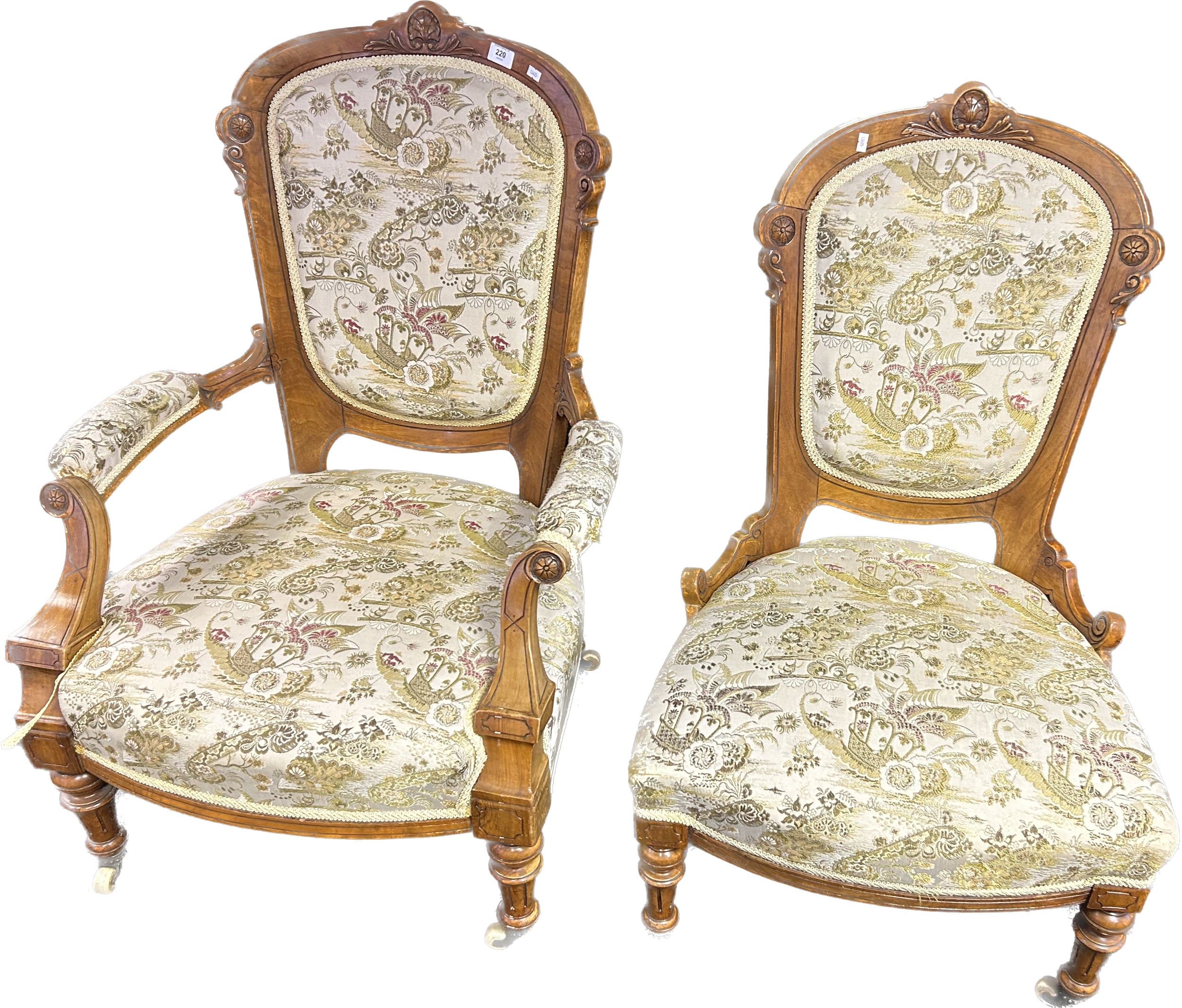 Victorian walnut his and her chairs covered in a needlework upholstery, raised on turned legs ending - Bild 4 aus 5