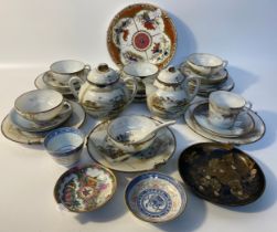 Oriental tea ware, oriental plates, small famille rose pin dish & lacquered oriental plate