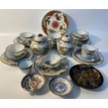 Oriental tea ware, oriental plates, small famille rose pin dish & lacquered oriental plate