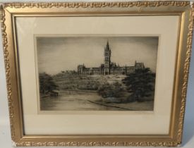 19th century engraving of Glasgow university by Walter Lowers [46x37cm]