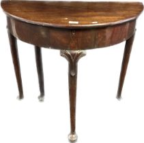 19th Century Mahogany card table, demilune surface opening to circular form raised on turned tapered