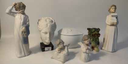 A selection of collectables; Nao figurines, moulded sculpture head on plinth along with kaiser