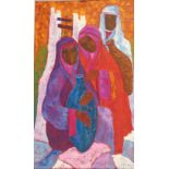 Dolo Vibrant acrylic on canvas three figures in traditional arab dress, signed and dated '72. [