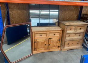 Two Mexican pine chests and two contemporary wall mirrors