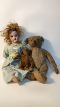19th Century Armand Marseille porcelain doll together with two 19th century teddy bears