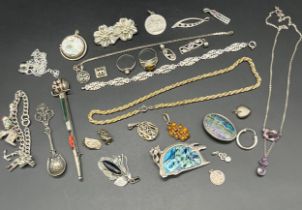 A Collection of silver jewellery; Silver kilt pin, Various unusual brooches, Opal and tiger eye