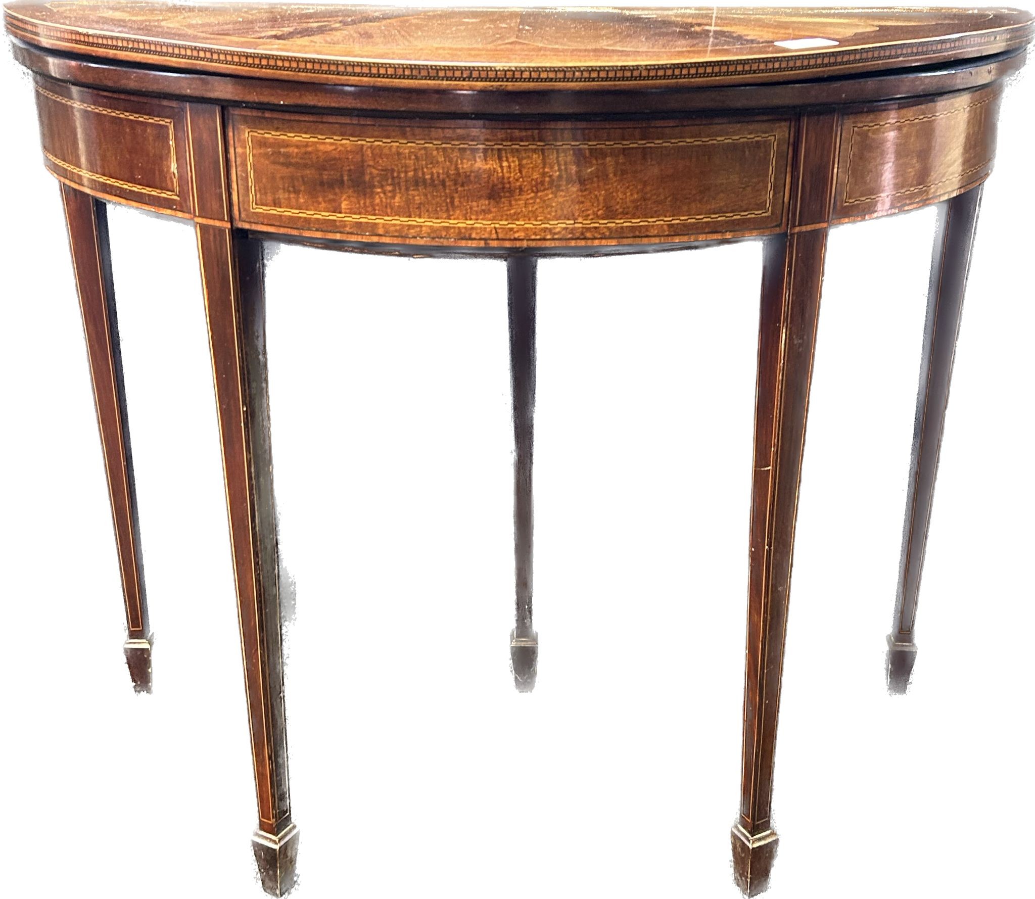19th century mahogany half moon flip top table, raised on square tapered legs [72.5x91cm] - Image 2 of 3