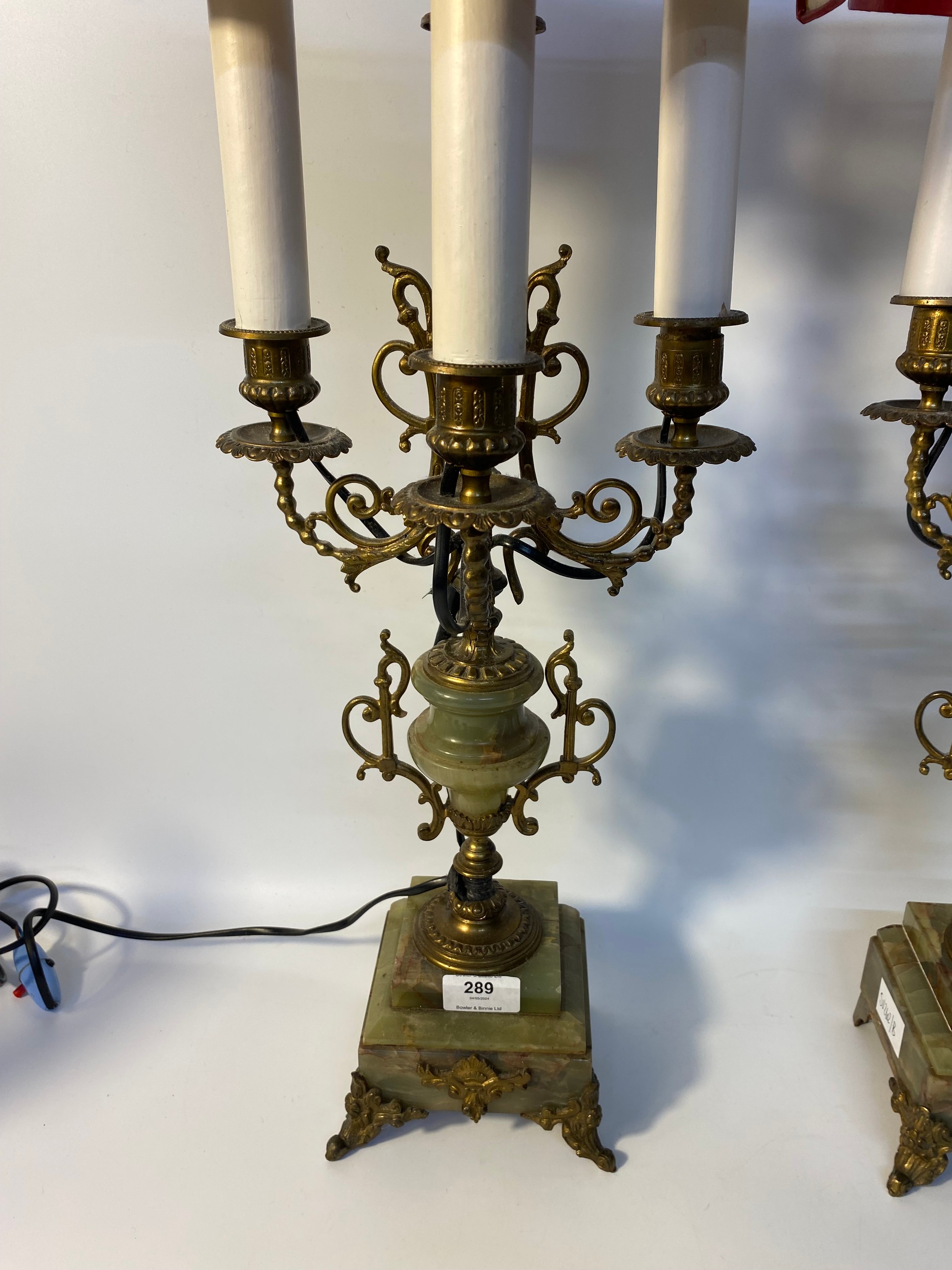 Pair of 19th century 3 branch onyx/brass candlesticks Converted to table lamps with fitted shades - Image 3 of 3