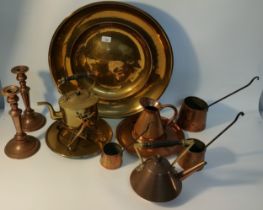 Collection of brass & copper ware; Brass spirit kettle, copper candle sticks & brass wall charger