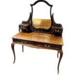 Antique mahogany dressing table, the shaped bevel edge mirror flanked by pierced scroll support