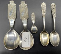 Five Norwegian sterling silver souvenir spoons with makers mark visible [74.27] grams