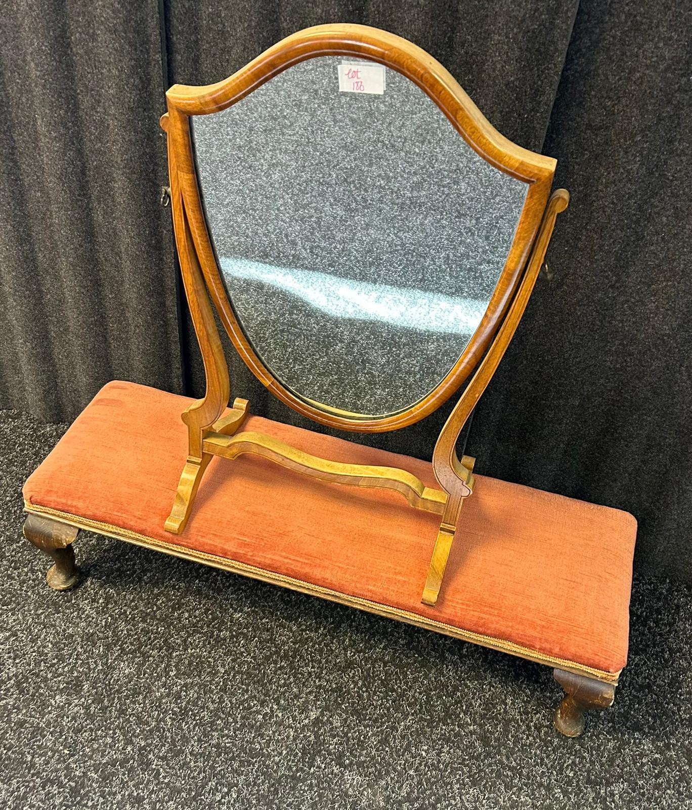 19th century shield shaped dressing table mirror together with rectangular foot stool - Image 2 of 2