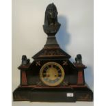 19th French century Egyptian Revival clock; Sphinxes & ancient Egyptian motifs with bronze black