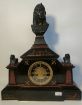 19th French century Egyptian Revival clock; Sphinxes & ancient Egyptian motifs with bronze black