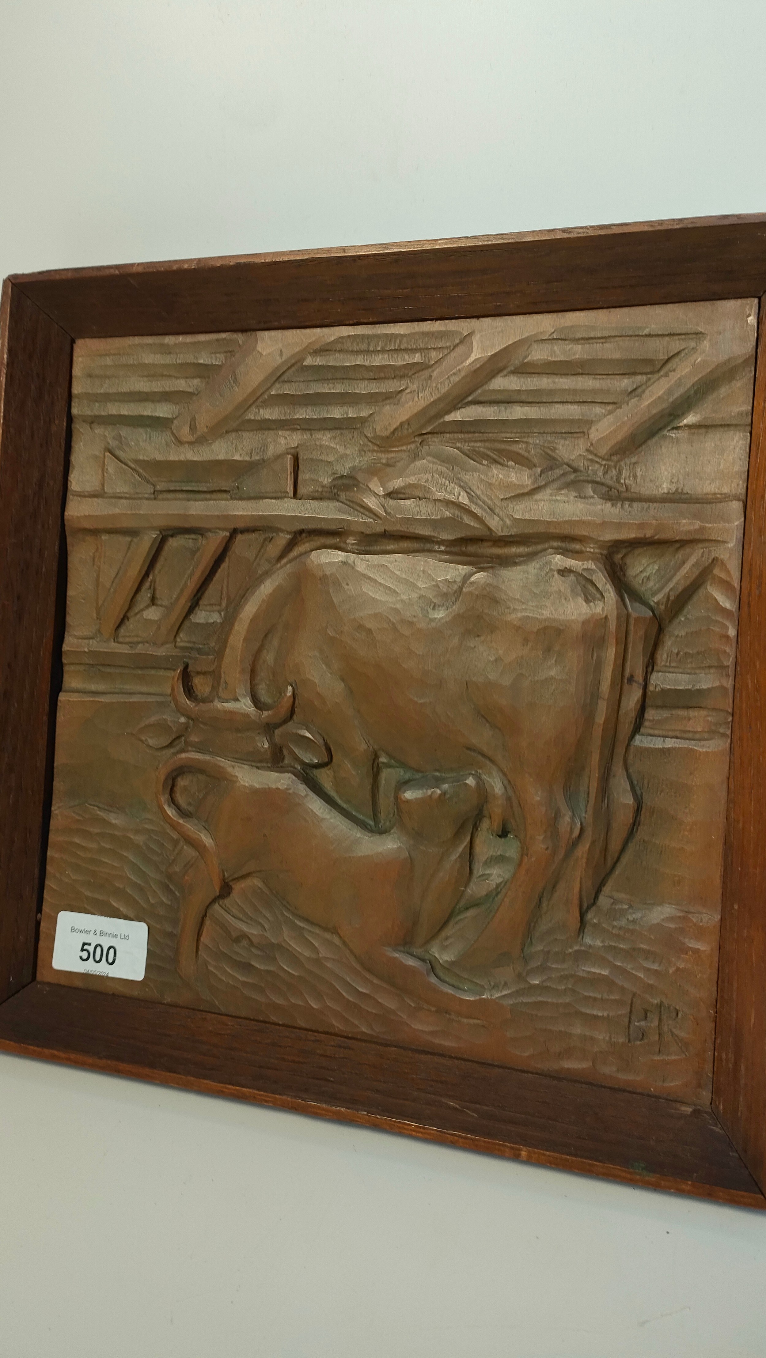 Three arts & crafts farming scenes raised relief hand carved plaques signed RB and BR - Image 2 of 4