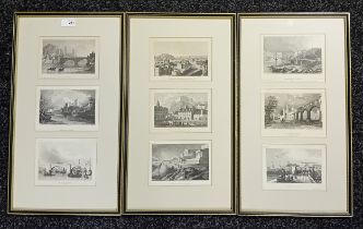 Set of 3 engravings of various places around Britain. [Frame 57x32cm]