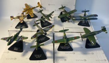 A Collection of atlas war planes models; Curtis kittyhawk, hawker tempest & Messerschmitt bf 110g