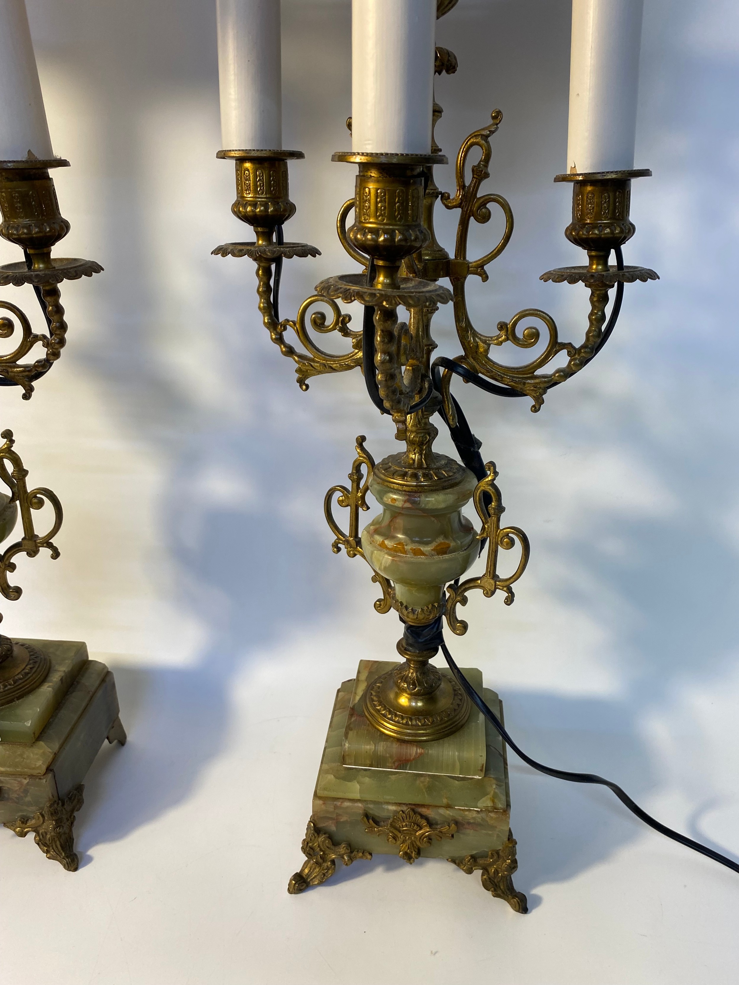 Pair of 19th century 3 branch onyx/brass candlesticks Converted to table lamps with fitted shades - Image 2 of 3