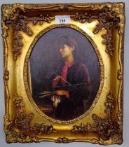 Antique oil on board of a women artist within a ornate moulded frame. [Frame 36x31cm]