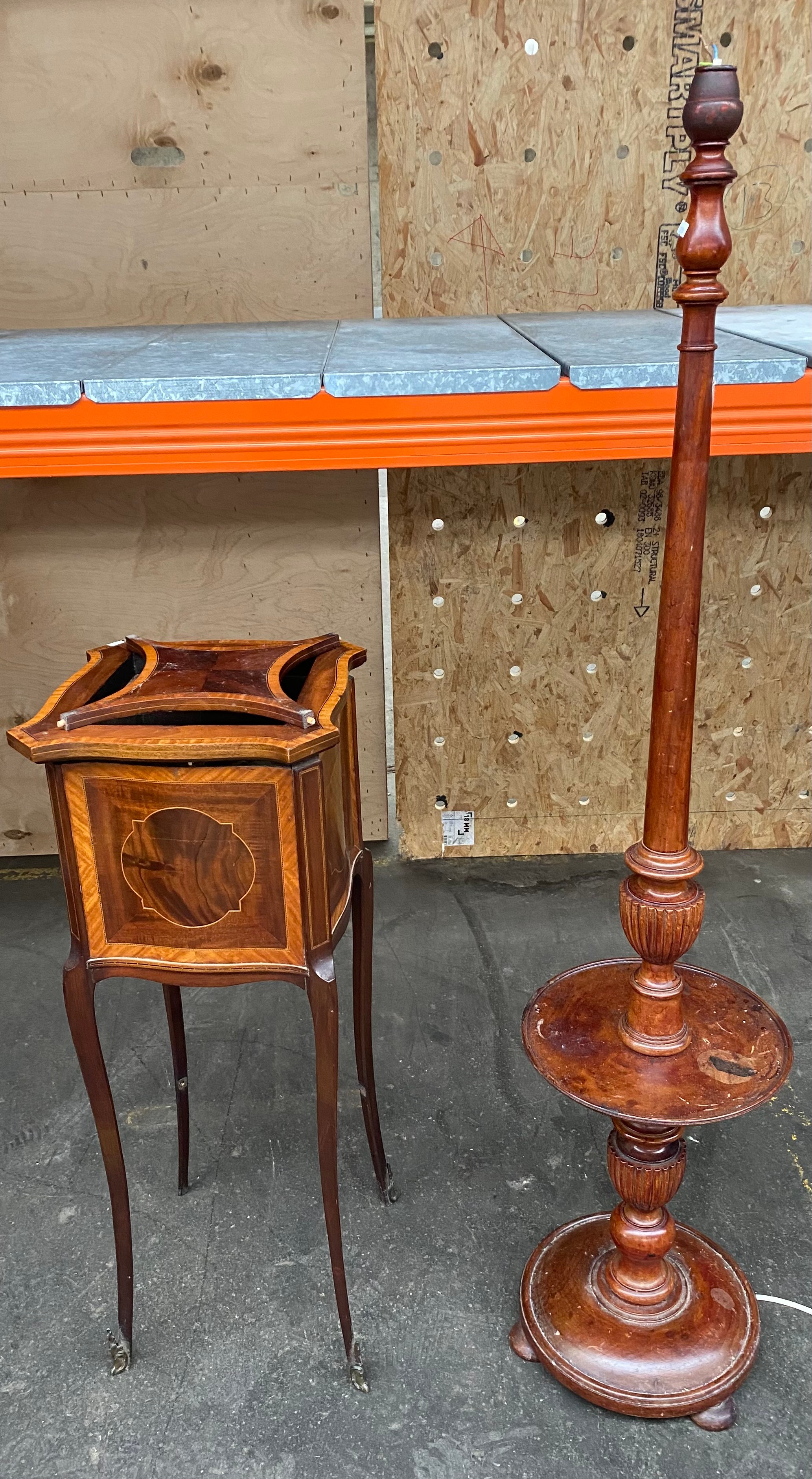 Edwardian inlaid plant stand along with 1900s standard floor light [33x33x93cm] [needs attention]