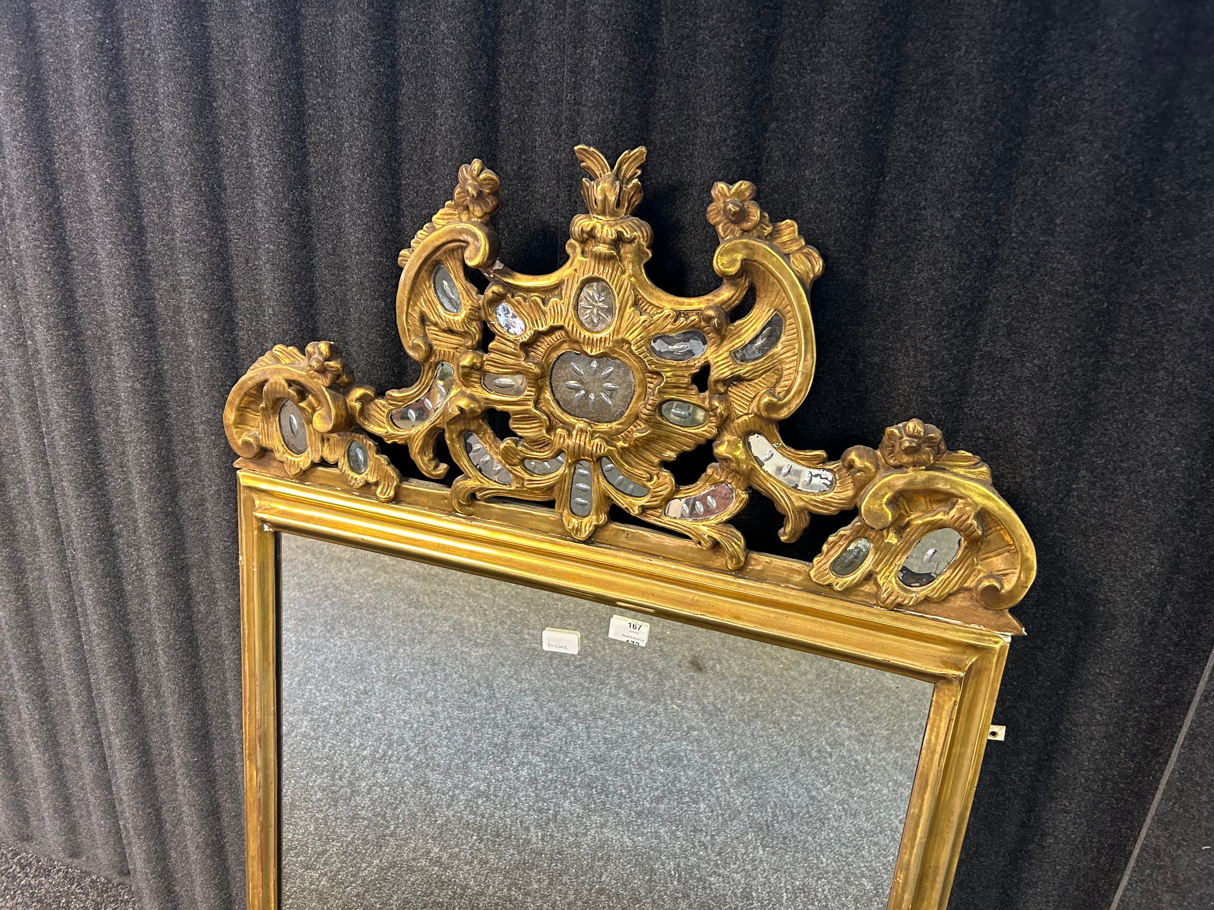 Antique gilt painted mirror, surmounted by scroll and foliate moulding with mirror detail [125x81cm] - Image 6 of 7
