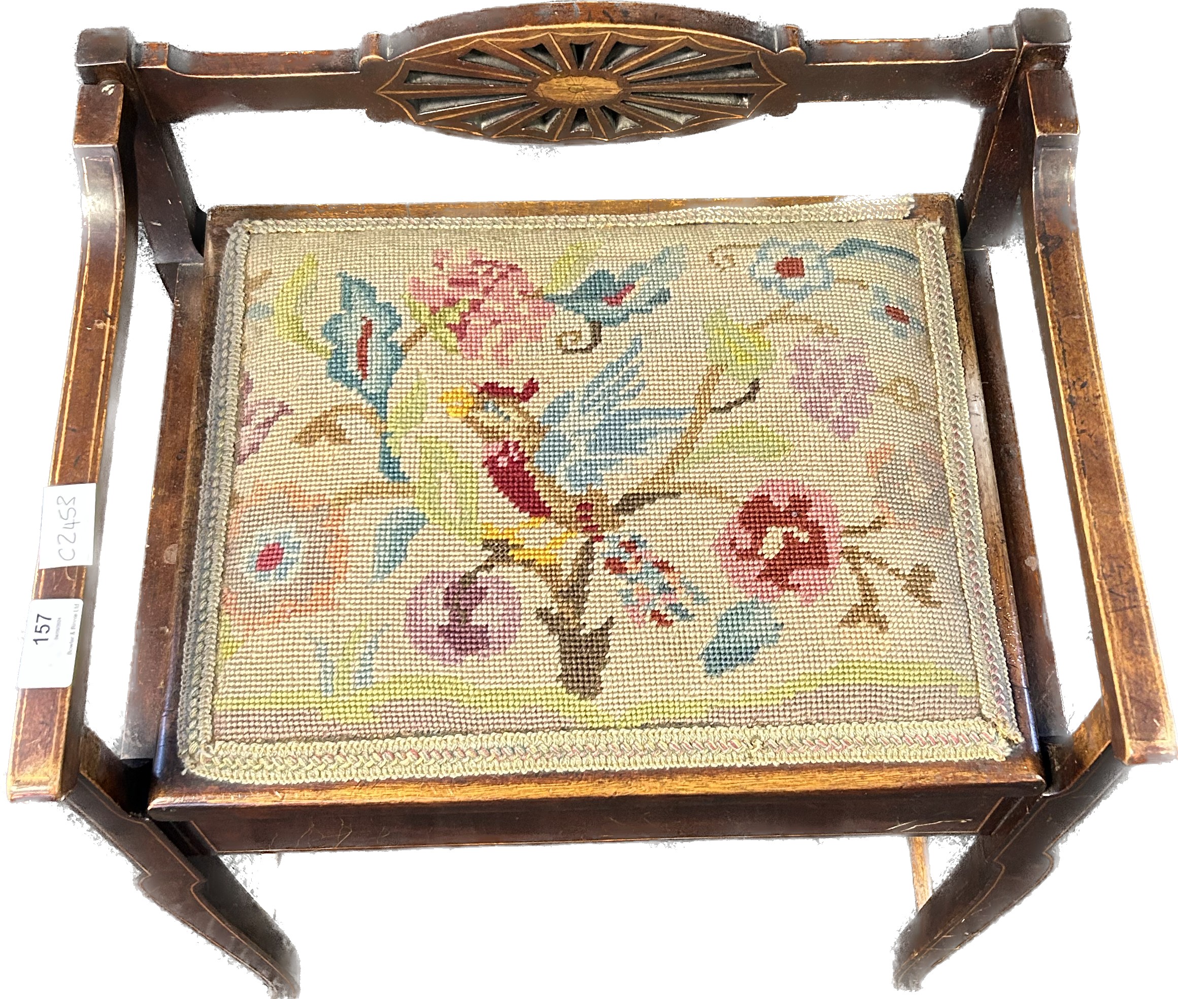 Edwardian piano stool, the back with pierced central splat joining to open arms above a needlework - Image 2 of 4