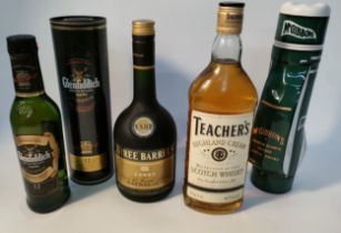 Two bottles of scotch whisky Glenfiddich & teachers , bottle of three barrels Rare old french brandy