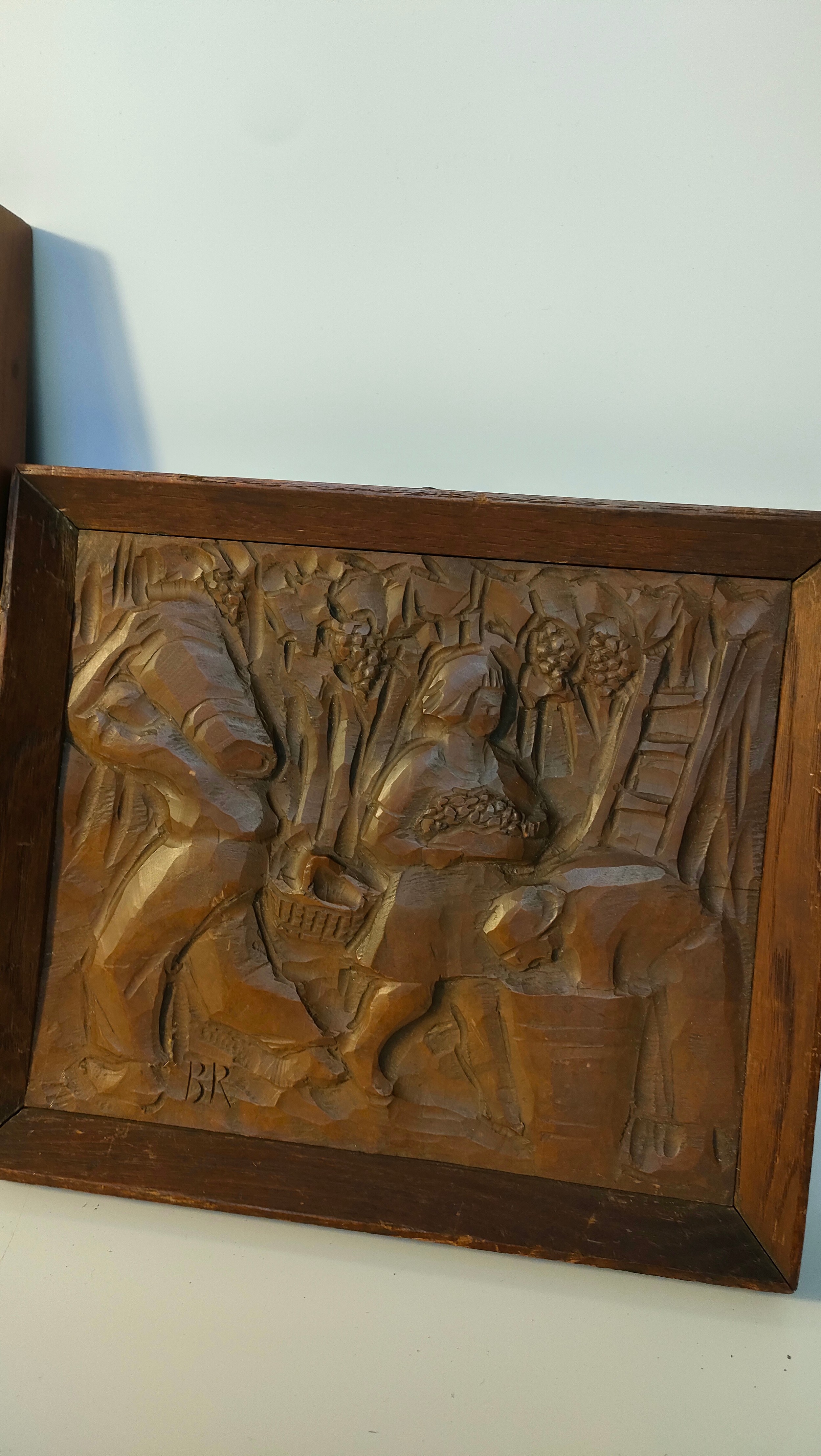 Three arts & crafts farming scenes raised relief hand carved plaques signed RB and BR - Image 4 of 4