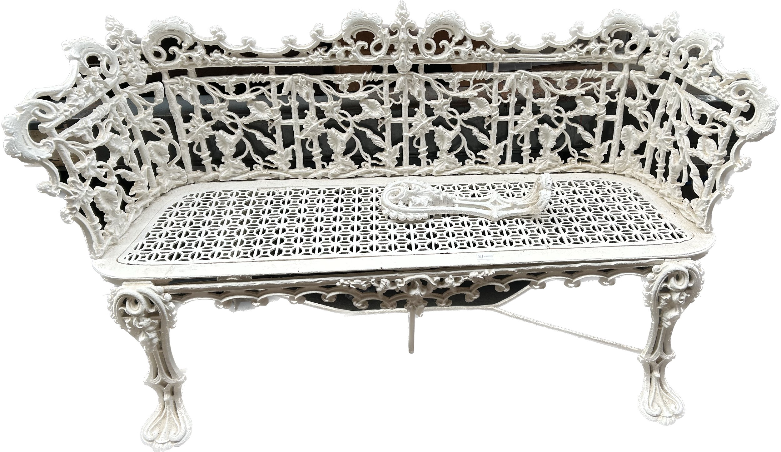 Antique cast iron bench, painted white with foliate design throughout [leg broken] - Image 2 of 2