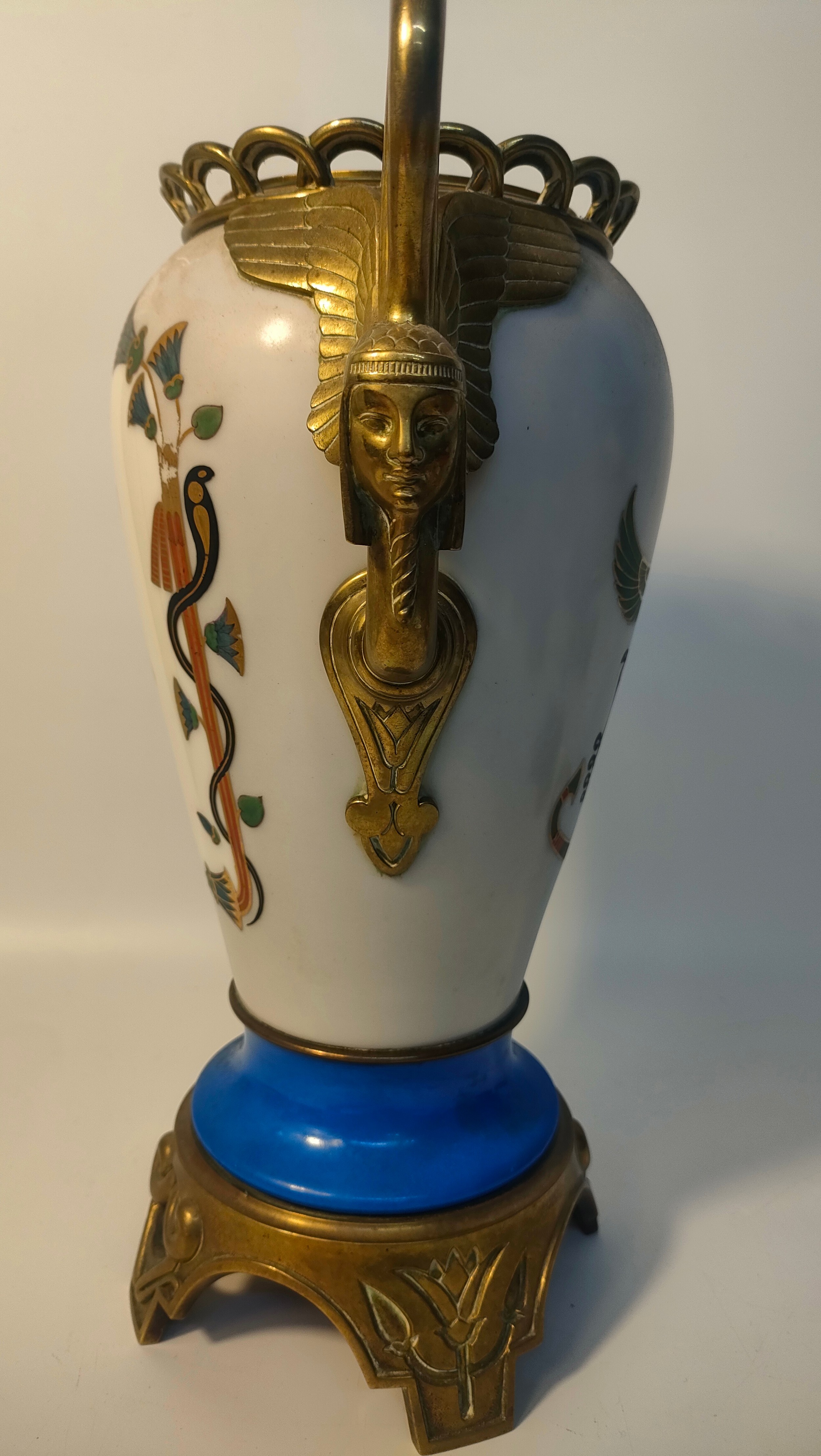 19th century Egyptian scene white ceramic & brass handles vase with hand painted Egyptian scene [ - Image 2 of 9