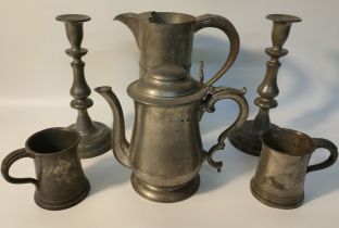 Collection of 19th century pewter ware, Large wine craft jug, a pair of pewter candle sticks with