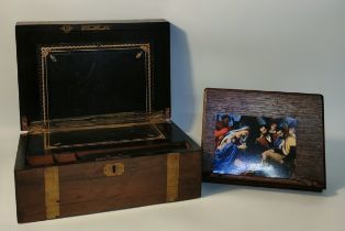 Antique writing box along with 20th century oak book holder & religious picture