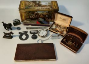 A selection of collectables odds; vintage pocket watch, cuff links & Dog figures