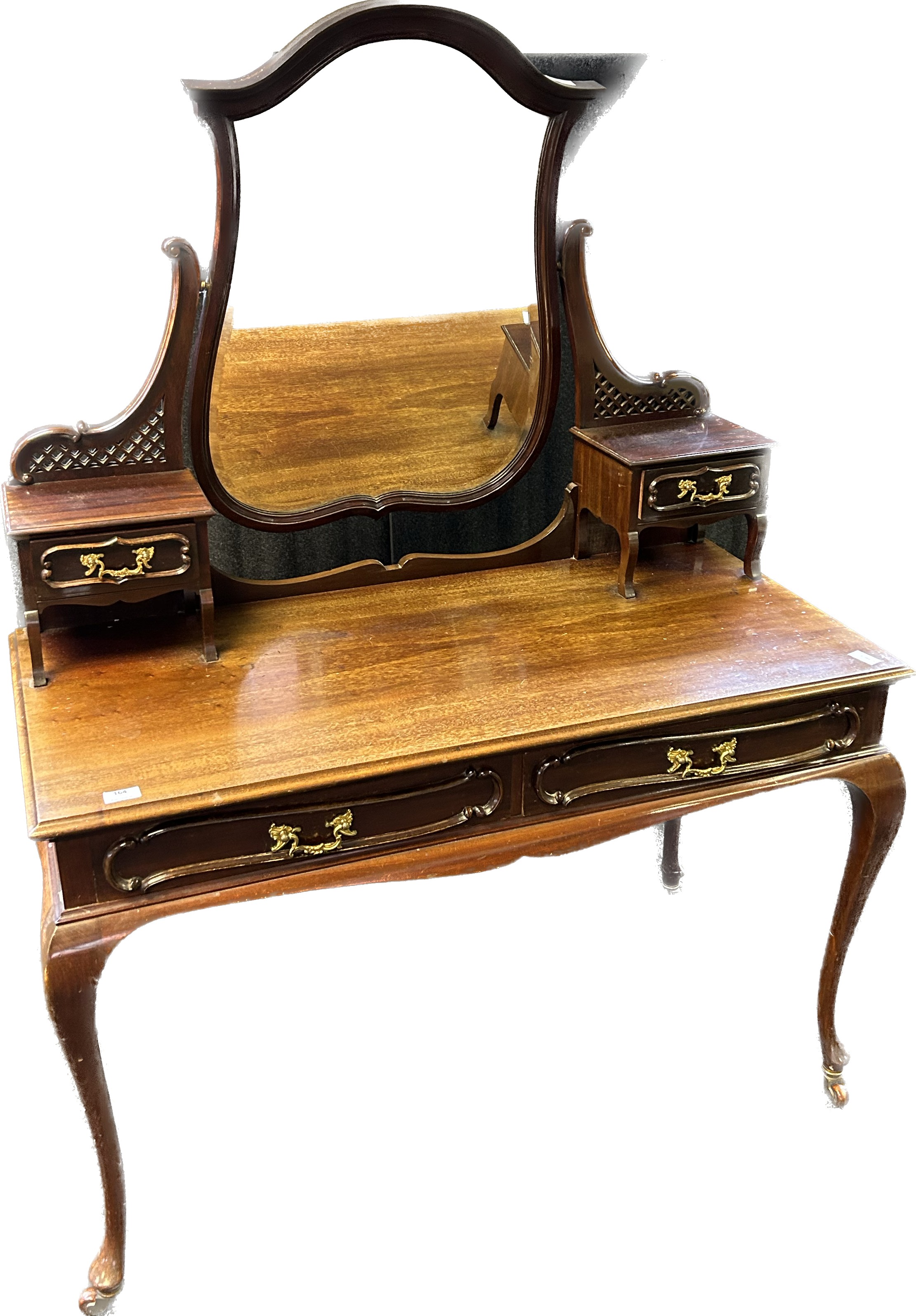 Antique mahogany dressing table, the shaped bevel edge mirror flanked by pierced scroll support - Image 2 of 3