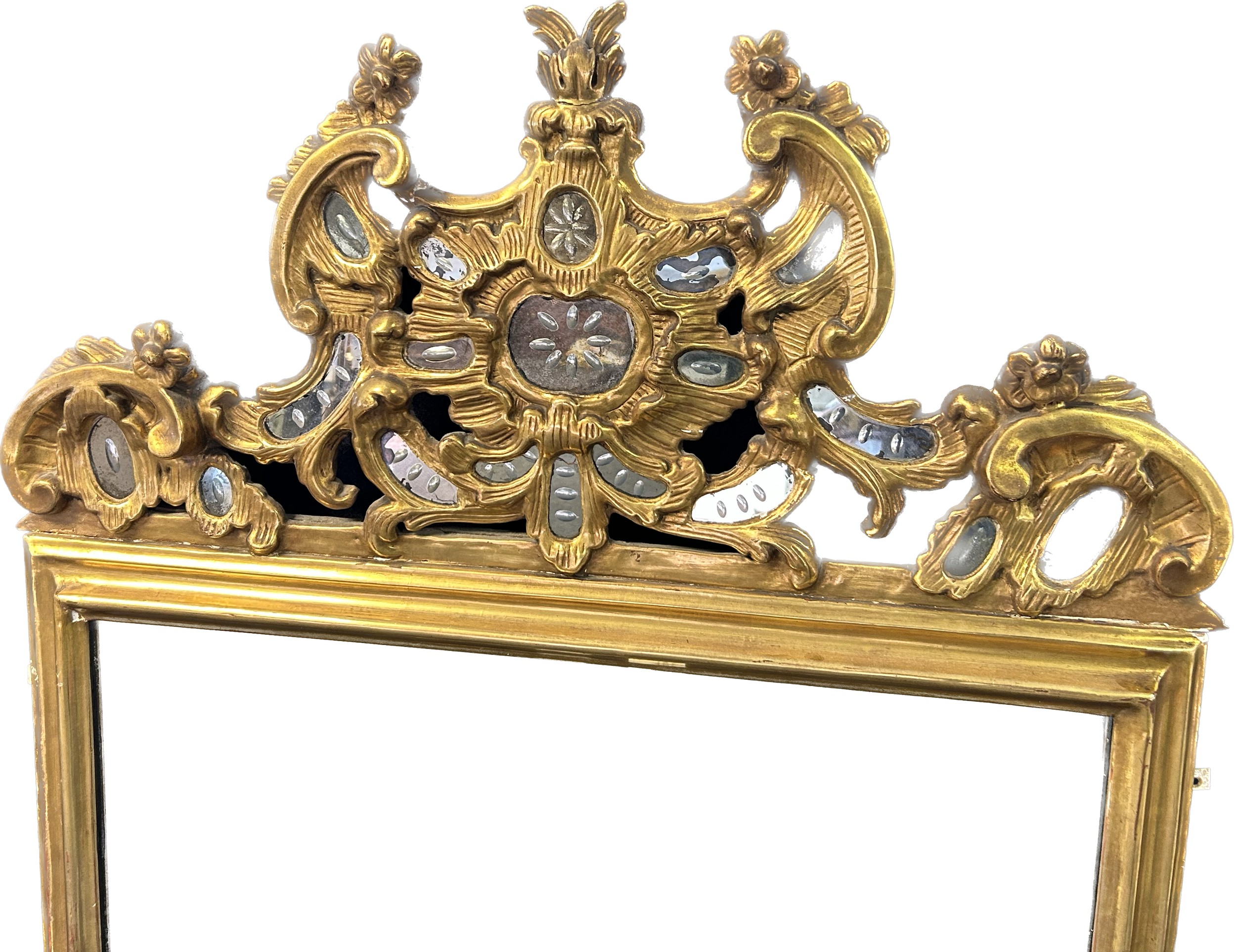 Antique gilt painted mirror, surmounted by scroll and foliate moulding with mirror detail [125x81cm] - Image 4 of 7