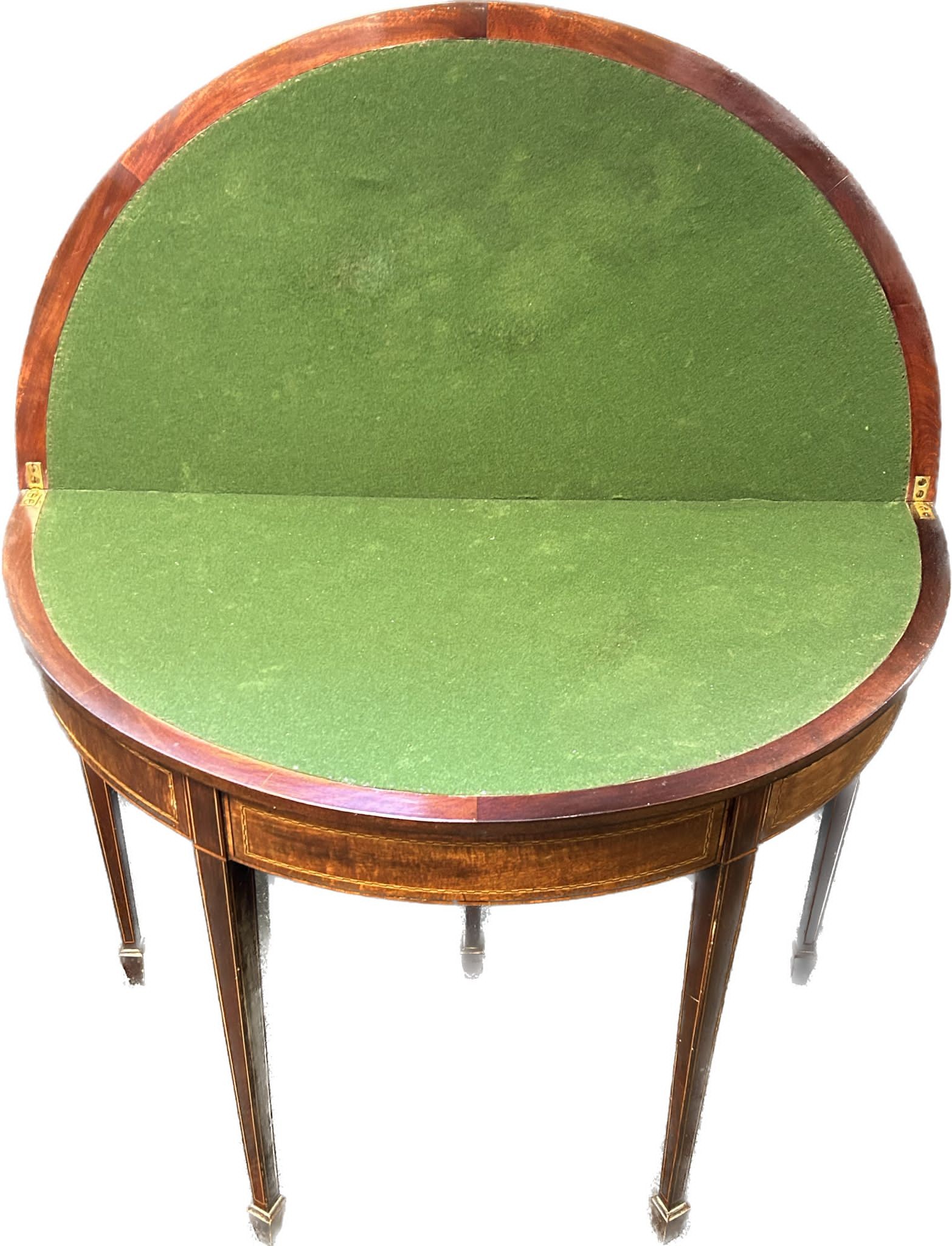 19th century mahogany half moon flip top table, raised on square tapered legs [72.5x91cm] - Image 3 of 3