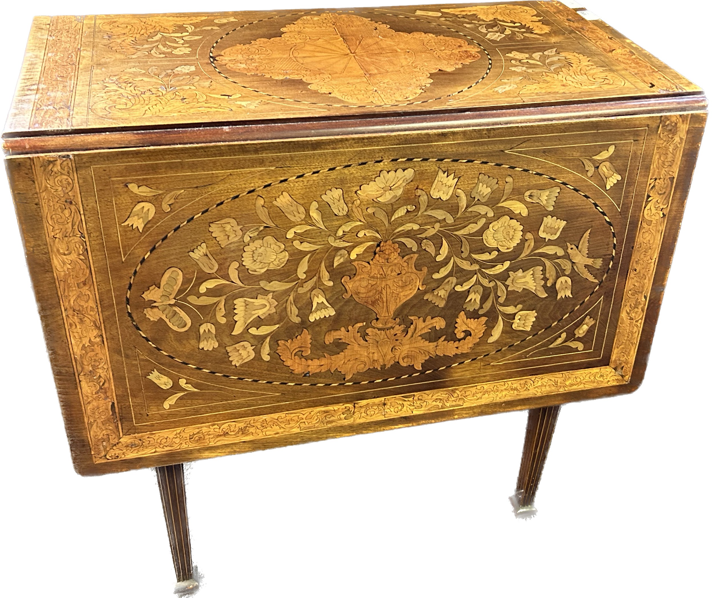 19th century Dutch table, the drop ends raising to a marquetry surface, the base with further - Image 2 of 8