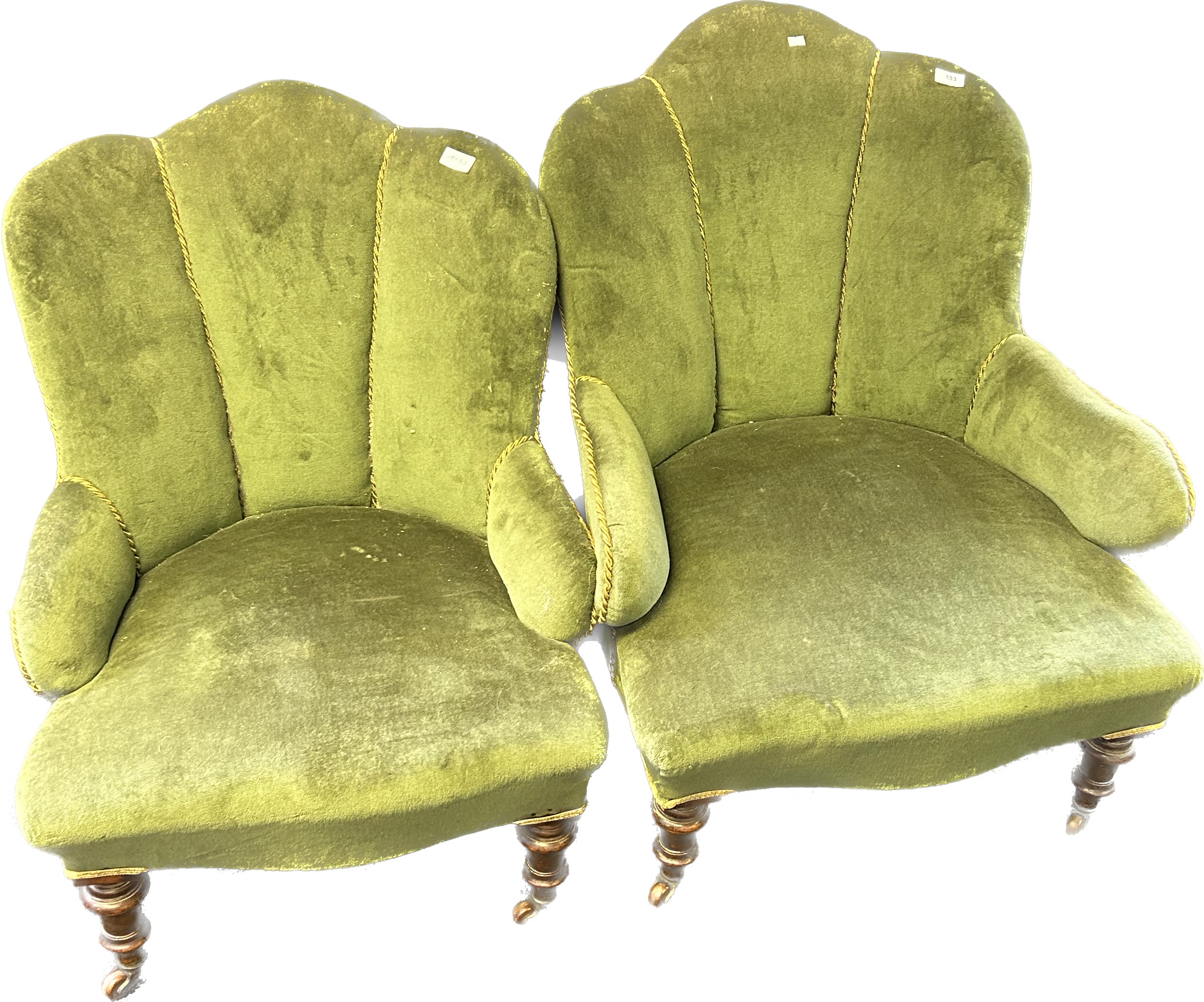 Pair of art deco cushioned chairs, covered in a green upholstery, raised on turned tapered legs - Image 3 of 5